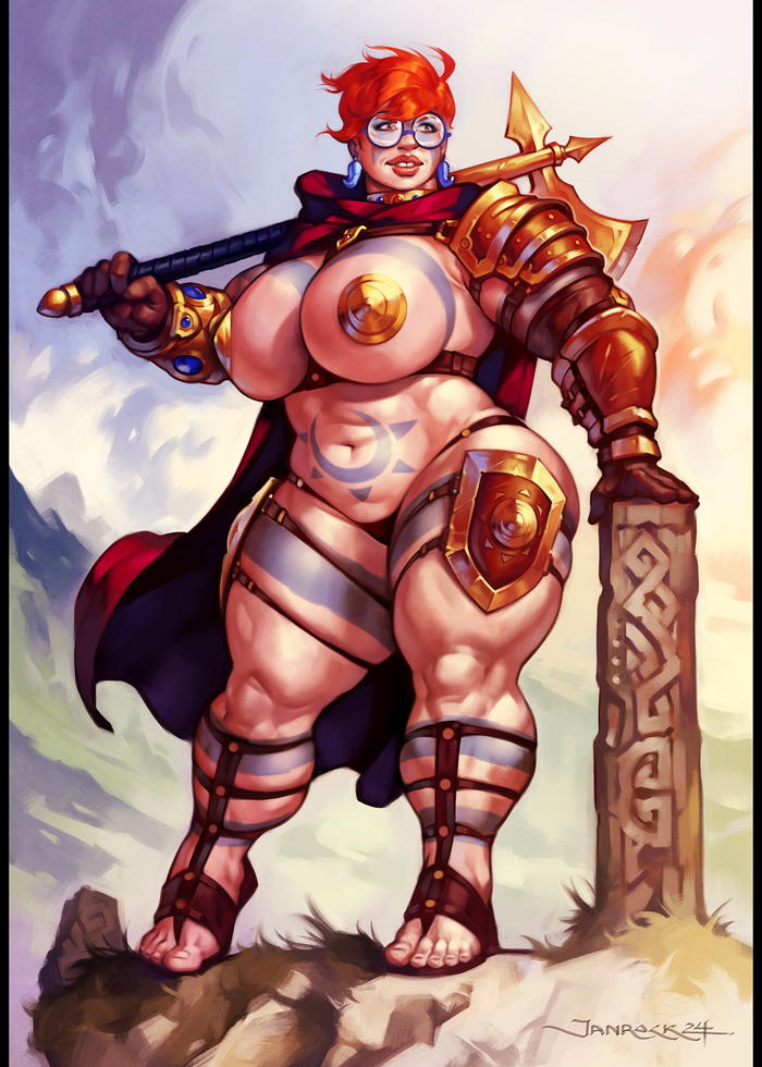 Gwen the Nerdbarian - NSFW, Janrockitnik, Janrock, Muscleart, Strong girl, Sleep-Sleep, Warrior, Thick Thighs, Thick muscles, Hand-drawn erotica, Fantasy, Art, Muscle, Awkward Amazon Adventures