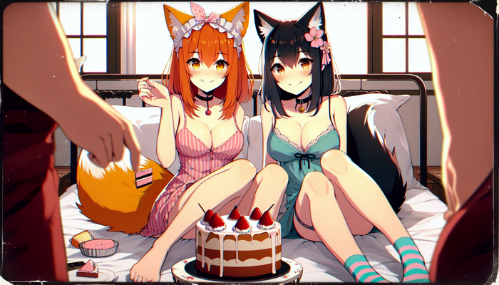 Торт в постели - NSFW, Моё, Арты нейросетей, Anime Art, Аниме, Animal Ears, Кицунэ