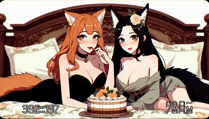 Cake in bed - NSFW, My, Neural network art, Anime art, Anime, Animal ears, Kitsune