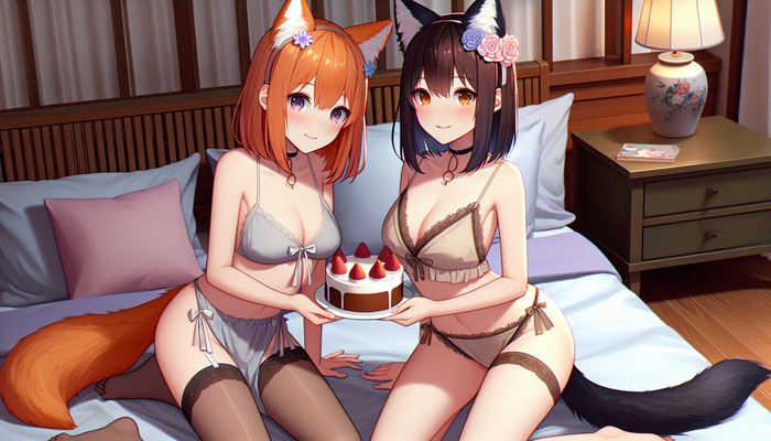 Cake in bed - NSFW, My, Neural network art, Anime art, Anime, Animal ears, Kitsune