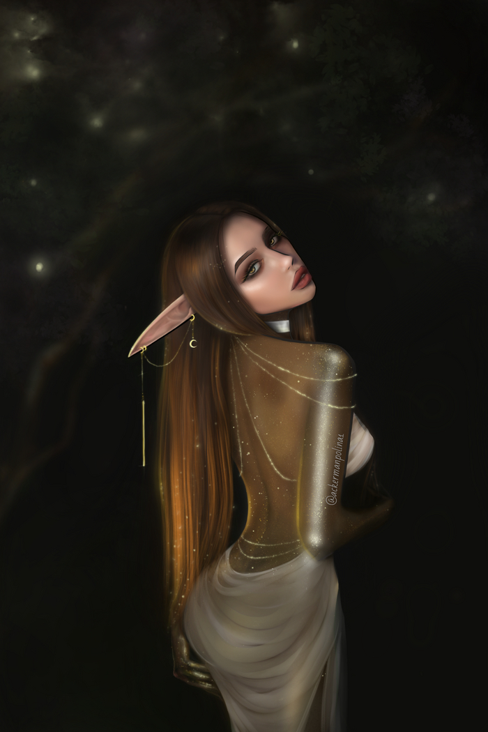 Golden Elf (Warcraft Reference) - NSFW, My, Erotic, Elves, Game art, Gold, Art