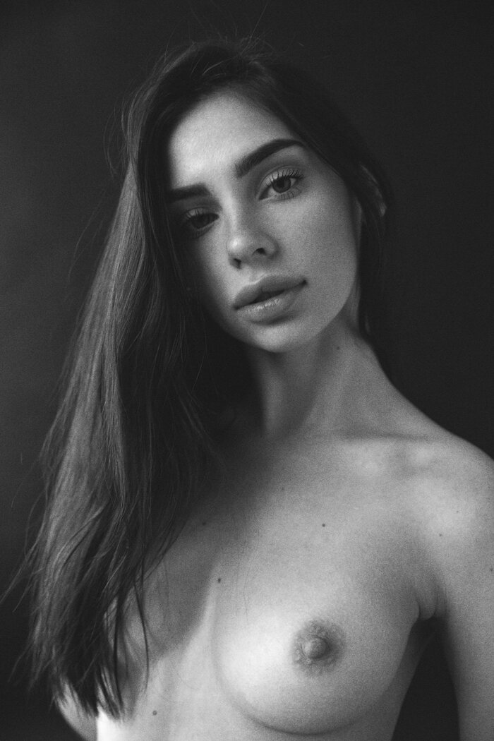 Aesthetics - NSFW, Girls, Erotic, Boobs, Nipples, Topless, Naked, Brunette, Long hair, Black and white photo, Models, Onlyfans