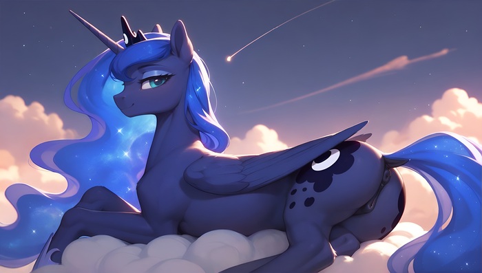 Rests on a cloud - NSFW, My little pony, PonyArt, MLP Explicit, MLP anatomically correct, Neural network art, Princess luna