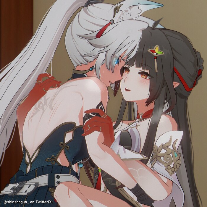 Feixiao & Lingsha - NSFW, Anime art, Anime, Friend, Yuri, Honkai: Star Rail, Feixiao (Honkai: Star Rail), Lingsha (Honkai: Star Rail), Animal ears, Kiss, Twitter (link)