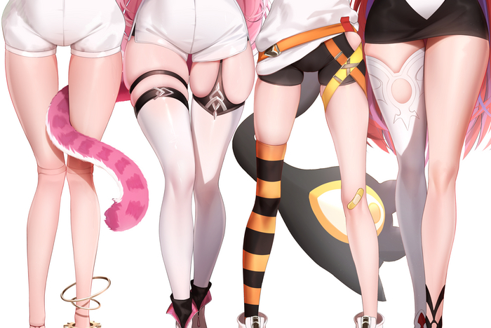 Hololive - NSFW, Anime art, Anime, Hololive, Virtual youtuber, Cecilia Immergreen, Raora Panthera, Gigi Murin, Elizabeth Rose Bloodflame, Hips, Tail, Stockings, Prab