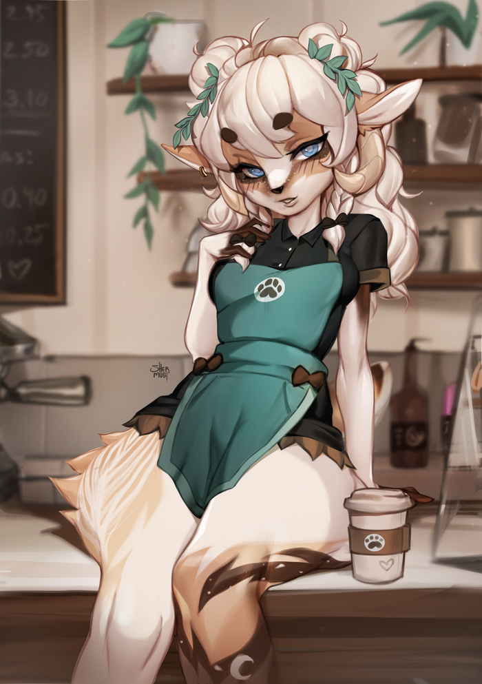 Your local barista - NSFW, Furry, Anthro, Art, Furotica, Furry deer, Shermugi, Longpost