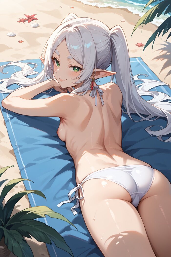 Sunbathes - NSFW, Anime, Anime art, Frieren, Sousou no Frieren, Booty, Bikini, Beach, Elves, Neural network art