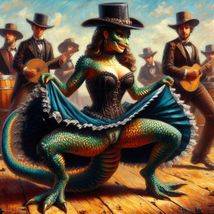 reptile - NSFW, My, Art, Neural network art, Erotic, Stable diffusion, Labia, Reptilians, Wild West, Dancing