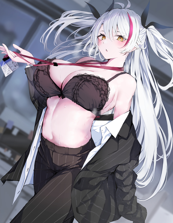 Prinz Eugen #002 - NSFW, Аниме, Anime Art, Azur Lane, Девушки, Брюки, Бюстгальтер, Живот, Пот, Длинные волосы, Смущение