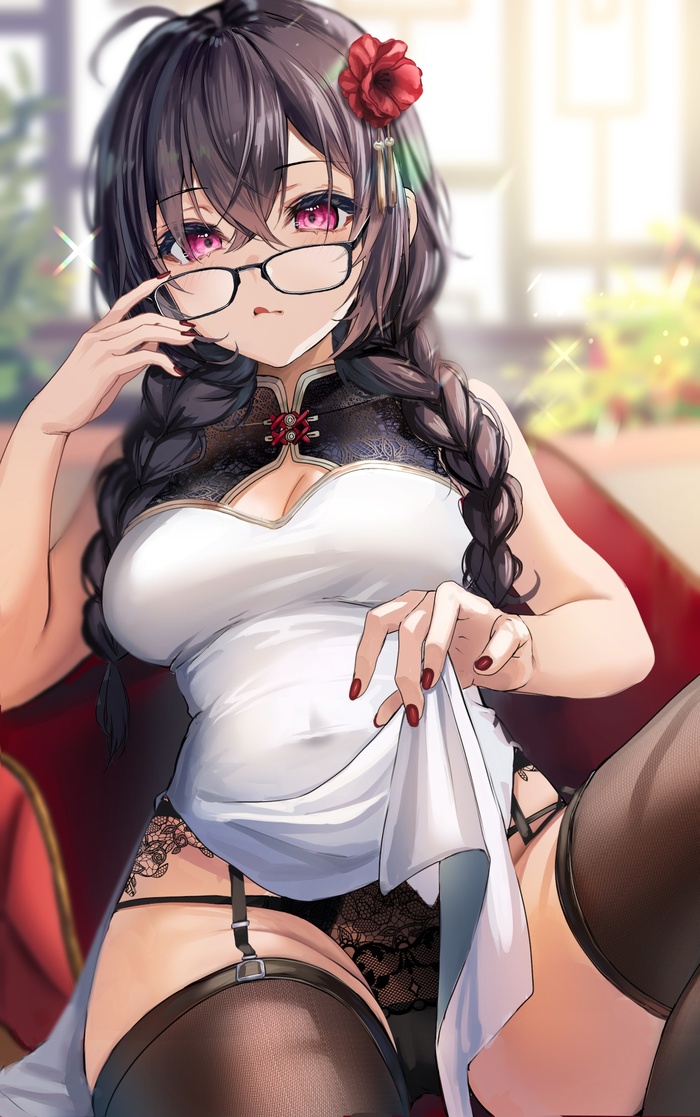 Continuation of the post Fou - NSFW, Anime art, Anime, Original character, Glasses, Yufou, Art, A wave of posts, Qipao, Reply to post, Hand-drawn erotica, Erotic