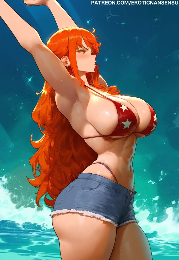 Nami - NSFW, Eroticnansensu, Art, Anime, Anime art, Hand-drawn erotica, Erotic, One piece, Nami, Neural network art, Swimsuit, Extra thicc, Monkey D Luffy, Longpost