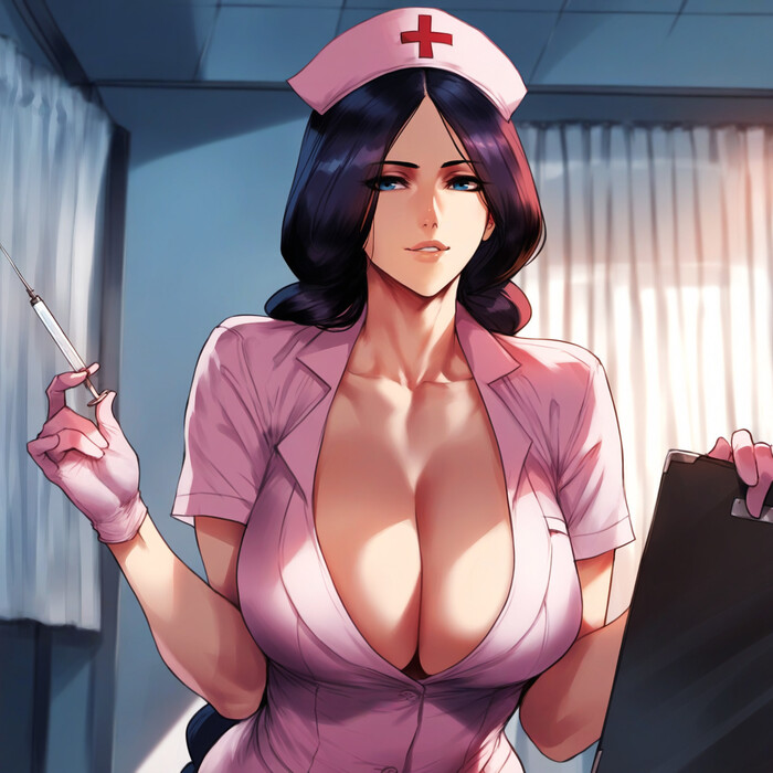 Не бойтесь, процедура будет безболезненна - NSFW, Аниме, Anime Art, Унохана, Bleach, Медсестры, Сиськи, Шприц, Арты нейросетей