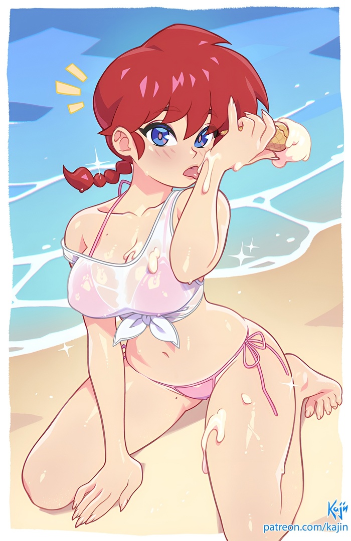 Ice cream? - NSFW, Boobs, Hand-drawn erotica, Anime, Swimsuit, Ice cream, Art, Ranma, Anime art, Longpost