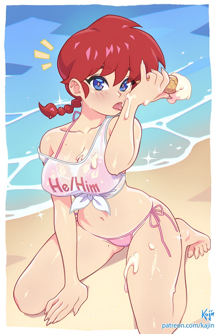 Ice cream? - NSFW, Boobs, Hand-drawn erotica, Anime, Swimsuit, Ice cream, Art, Ranma, Anime art, Longpost