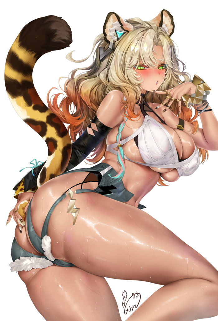 Xilonen - NSFW, Арт, Аниме, Genshin Impact, Anime Art, Xilonen (Genshin Impact), Бедра, Ноги, Хвост, Animal Ears, Thick Thighs, Девушки, Рисованная эротика, Game Art