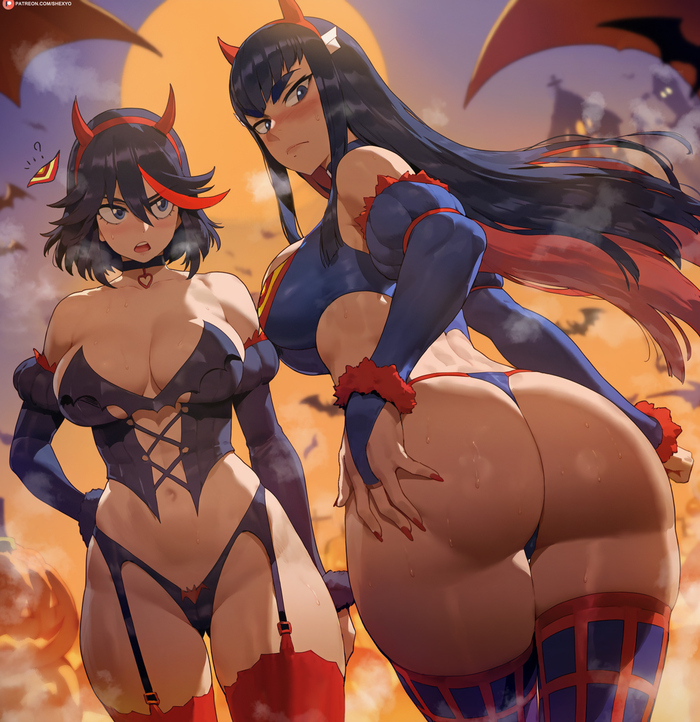 Чертята - NSFW, Shexyoart, Арт, Аниме, Anime Art, Рисованная эротика, Эротика, Kill la Kill, Matoi Ryuuko, Kiryuuin Satsuki, Extra thicc, Хэллоуин