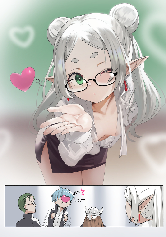 Oh, if only there was such a teacher in my school... - NSFW, Anime, Anime art, Frieren, Himmel, Eisen (Sousou no Frieren), Heiter, Sousou no Frieren, Glasses, Elves, Neckline, Air kiss, Teacher, Art