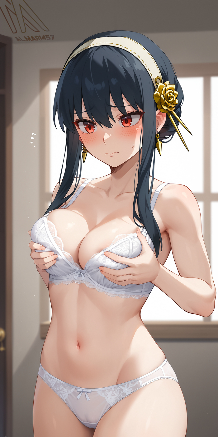 Embarrassed Yor in her lingerie - NSFW, My, Yor Forger, Underwear, Anime art, Girls, Neural network art, Stable diffusion, Portrait, Embarrassment, Red eyes, Zhmyak, Spy X Family, Hand-drawn erotica, Digital drawing, Boobs, Brunette, Longpost, Cameltoe