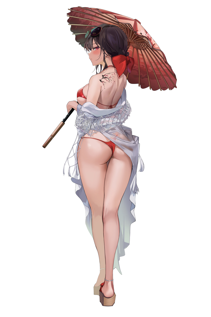 Sakura - NSFW, Аниме, Anime Art, Goddess of victory: nikke, Бикини, Попа, Сиськи, Солнцезащитные очки, Зонт