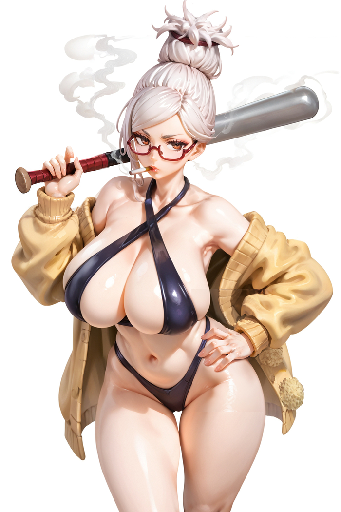 Hot granny is ready to fight with spirits - NSFW, Anime, Anime art, Ayase Seiko, Dandadan, Swimsuit, Bit, Cigarettes, Glasses, Boobs, Neural network art, 18+