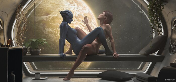 Porthole - NSFW, Art, 3D, Games, Mass effect, Shepard, Femshep, Liara Tsoni, Girls, Azari, Space, Lesbian, Boobs, Erotic, Scissors