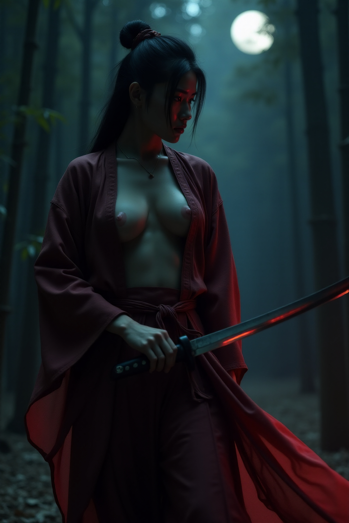 Kimono girl - NSFW, Моё, Арты нейросетей, Арт, Девушки, Эротика, Сиськи, Кимоно, Катана, Азиатка, 18+