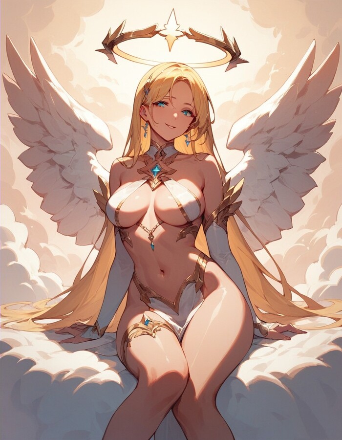 In heaven everything is fine - NSFW, My, Erotic, Boobs, Neural network art, Hand-drawn erotica, Art, Booty, Wings, Longpost, 18+