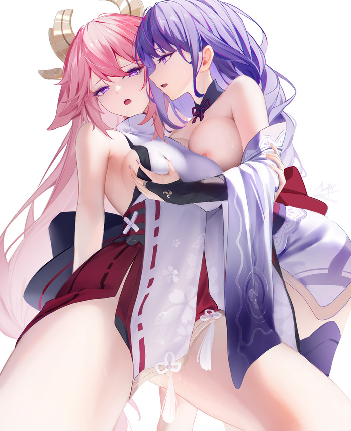 Yae & Ei - 18+, Anime Art, Аниме, Genshin Impact, Yae Miko (Genshin Impact), Raiden Shogun (Genshin Impact), Yuri, Подруга, Сиськи, Shimmer, NSFW