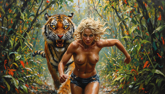 Run baby, Run - 18+, Neural network art, Erotic, Boobs, Tiger, Погоня, Run, Art, NSFW