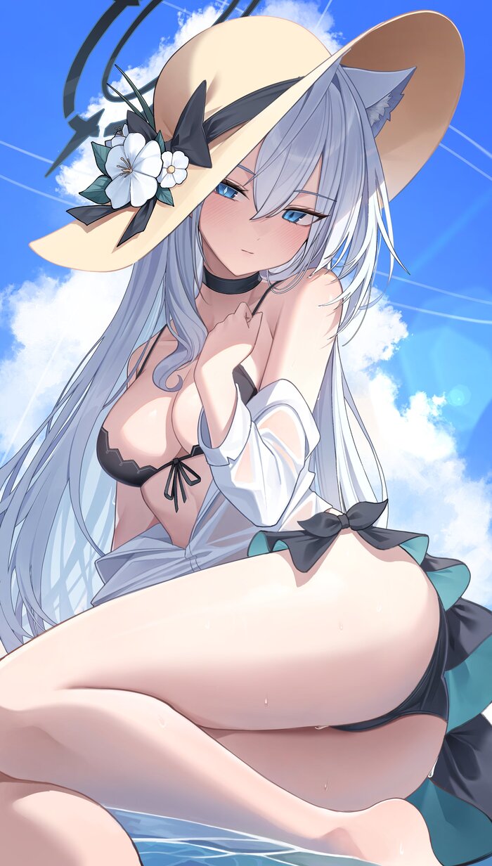 Sunaookami Shiroko #026 - 18+, Аниме, Anime Art, Blue archive, Sunaookami Shiroko, Shiroko Terror, Купальник, Шляпа, Animal Ears, Декольте, Девушки, Голубые глаза, Чокер, Нимб, Длиннопост, NSFW