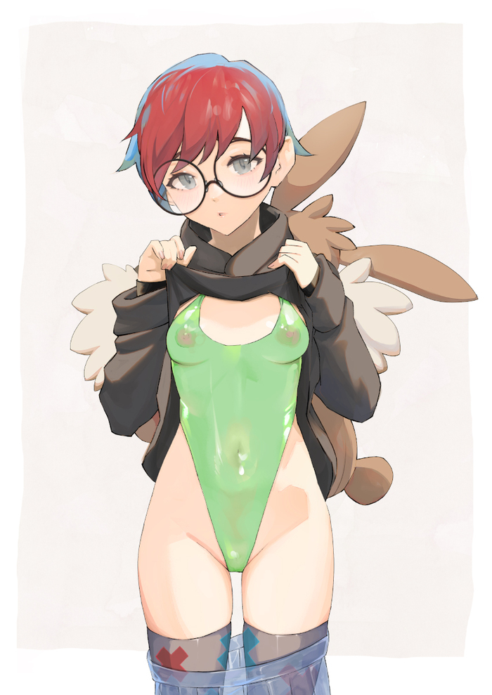 Penny - 18+, Anime art, Anime, Pokemon, Penny (PokГ©mon), Boobs, Labia, Glasses, Twitter (link), Longpost, Swimsuit, NSFW