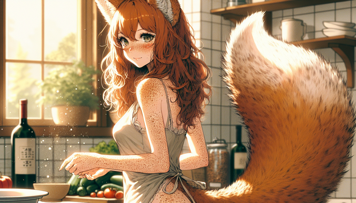 I'll surprise her with my new recipe. - 18+, Neural network art, Anime, Anime art, Animal ears, Kitsune, NSFW