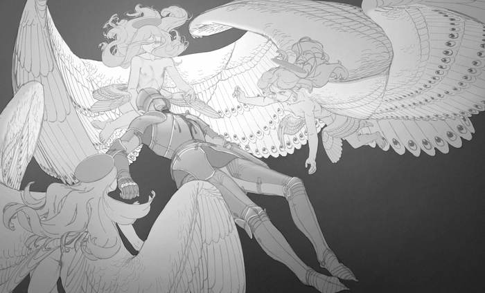 Little angels - 18+, Erotic, Boobs, Booty, Girls, Angel, Knights, Sketch, Art, Longpost, NSFW