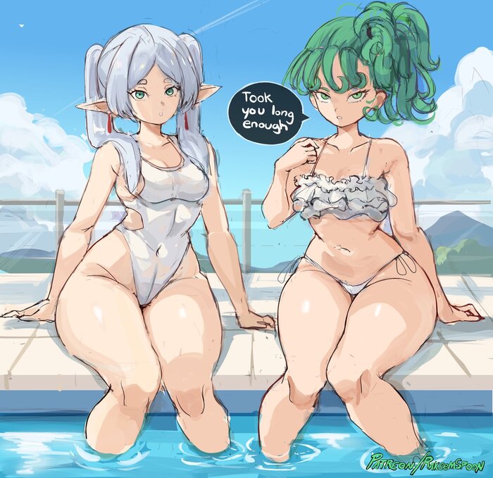 Freeren and Tatsumaki - 18+, Art, Anime, Anime art, Hand-drawn erotica, Erotic, Crossover, Sousou no Frieren, Frieren, Onepunchman, Tatsumaki, Swimsuit, NSFW