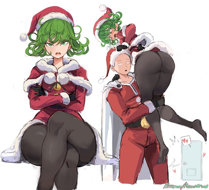 Why did I dress up like this?! - 18+, Anime, Anime art, Tatsumaki, Saitama, Onepunchman, Booty, Tights, Santa costume, NSFW