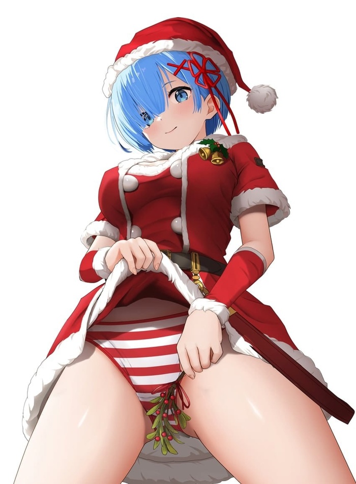 A sprig of mistletoe - 18+, Art, Anime, Re: Zero Kara, Anime art, Rem (Re: Zero Kara), Boobs, Pantsu, Hips, Stomach, Navel, Upskirt, Mistletoe, Christmas, New Year, Girls, Hand-drawn erotica, Blue eyes, Blue hair, Longpost, NSFW