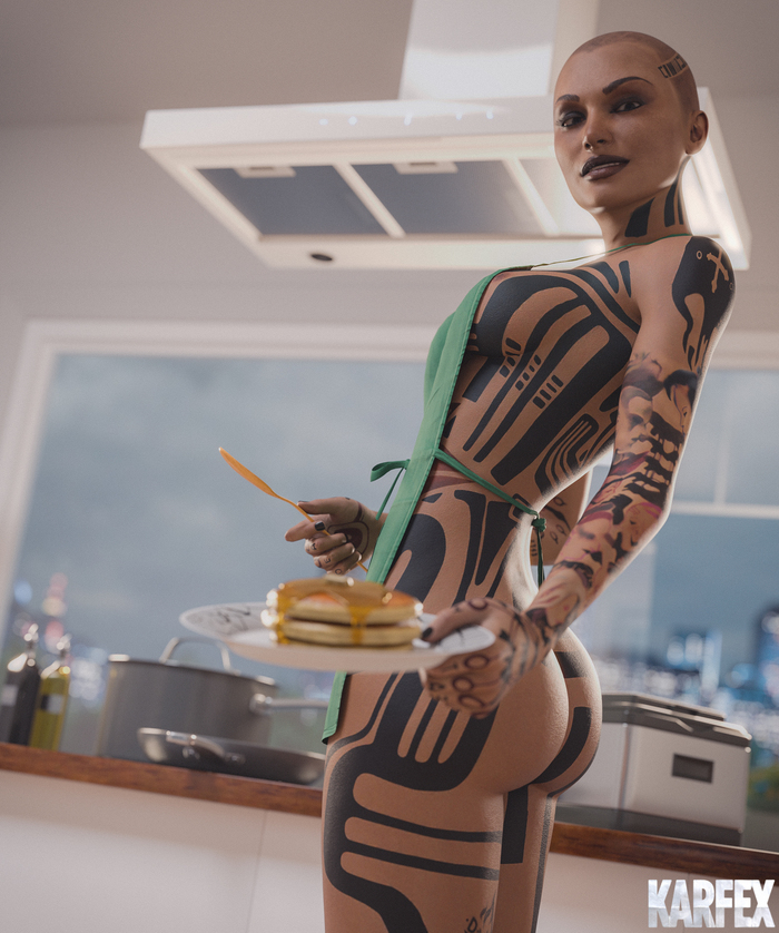 Pancakes from Jack - NSFW, Art, 3D, Girls, Games, Mass effect, Jack, Kitchen, Booty, Erotic, Tattoo