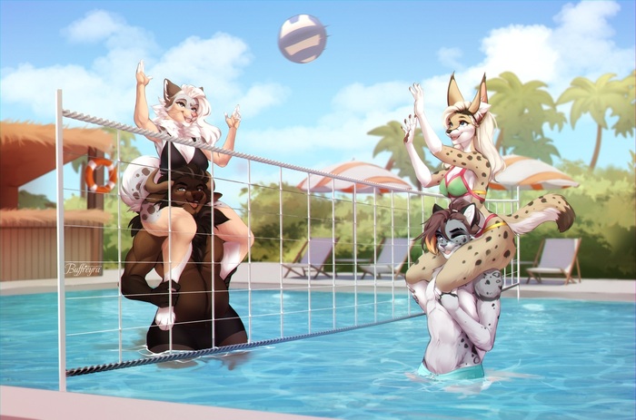 water volleyball - NSFW, Furry, Anthro, Art, Furotica, Furry lynx, Furry feline, Furry Cow, Buffreyra, Furotica female, Furotica male