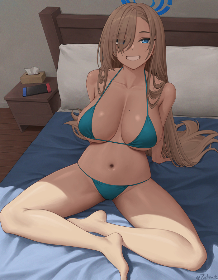 Asuna - NSFW, Art, Drawing, Anime art, Blue archive, Ichinose asuna, Erotic, Hand-drawn erotica, Game art, Swimsuit, Bikini, Boobs, Crotch, View from above, Bed, Zaphn