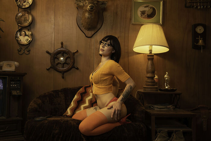 Velma from Luxlo part 2 - NSFW, Girls, Cosplay, Erotic, Underwear, Girl with tattoo, Girl in glasses, Luxlo, Booty, Longpost, The photo, High heels, Scooby Doo