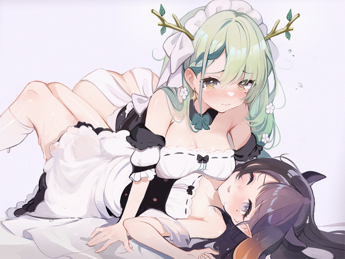 Maid Fauna x Maid Ina - NSFW, Anime art, Anime, Hololive, Ceres fauna, Ninomae Inanis, Yuri