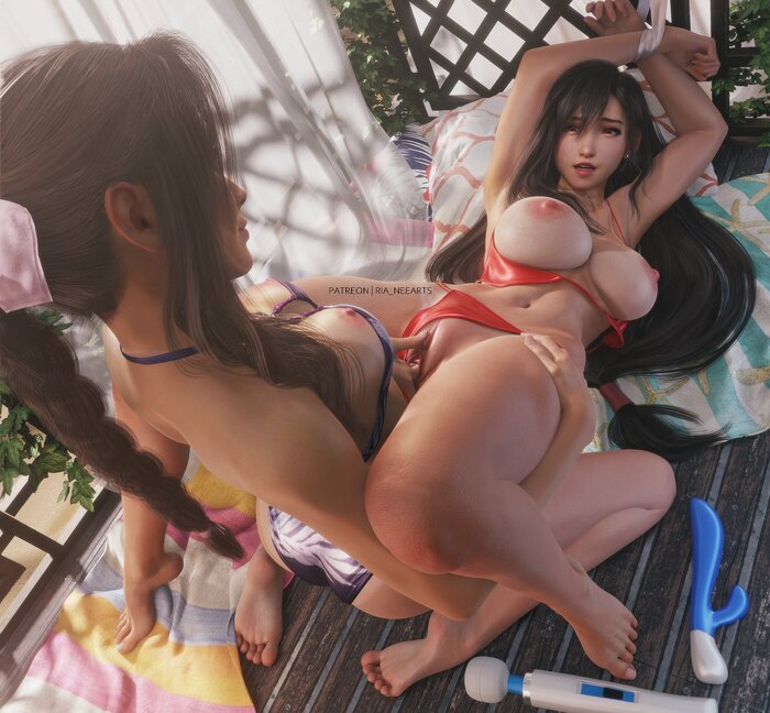 Tifa Lockhart and Aerith Gainsborough - NSFW, Erotic, Art, Aerith gainsborough, Tifa lockhart, 3D, Girls, Boobs, Labia, Swimsuit, Sex Toys