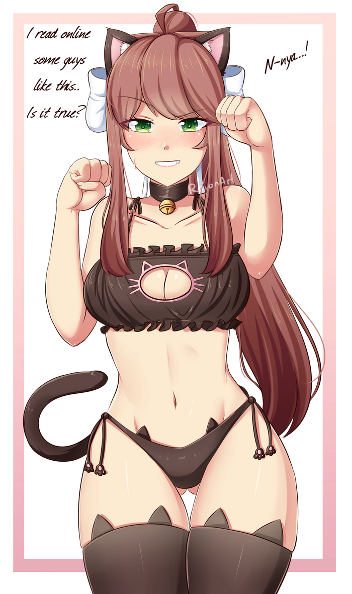 Monyaka - NSFW, Anime art, Anime, Doki Doki Literature Club, Monika, Neko, Cat keyhole bra