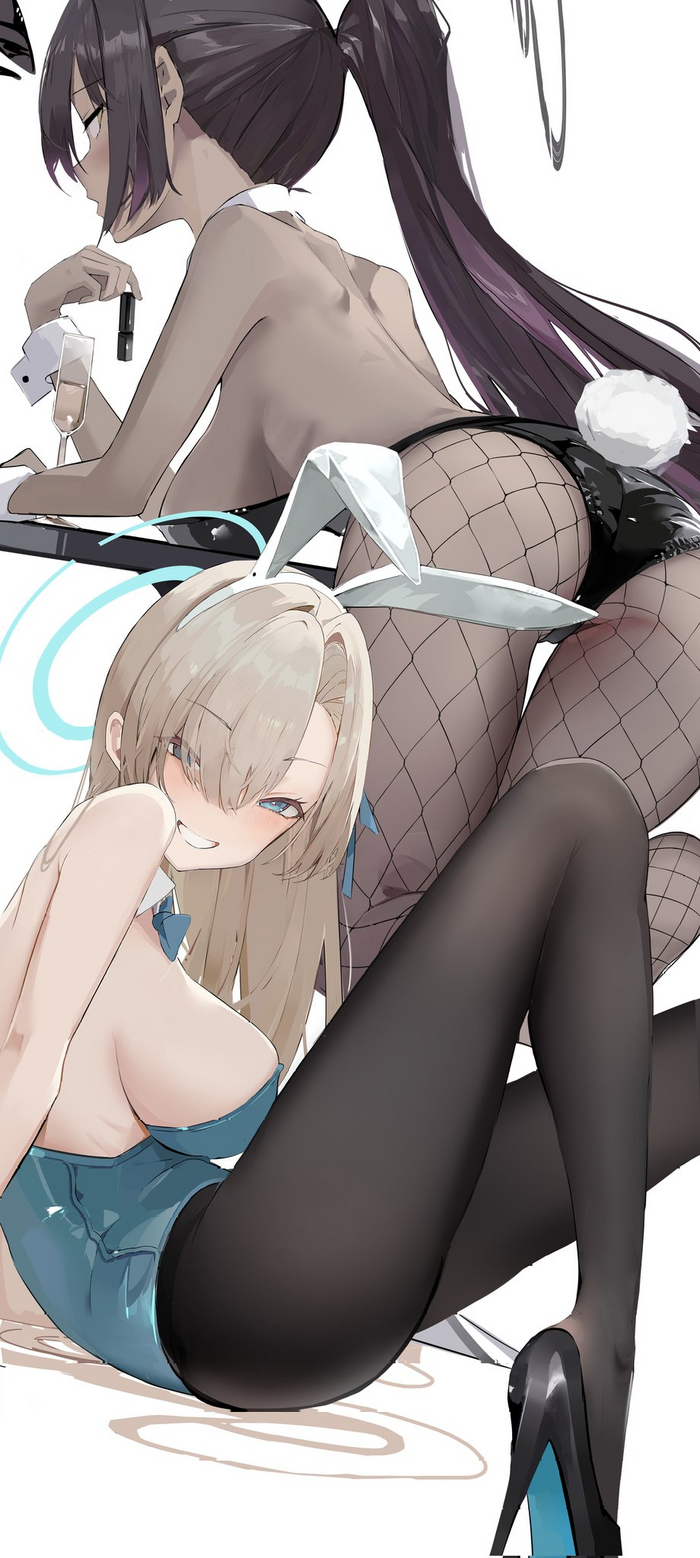 Bunnies - NSFW, Anime, Anime art, Blue archive, Kakudate karin, Bunnysuit, Bunny ears, Bunny tail, Booty, Tights, High heels, Longpost