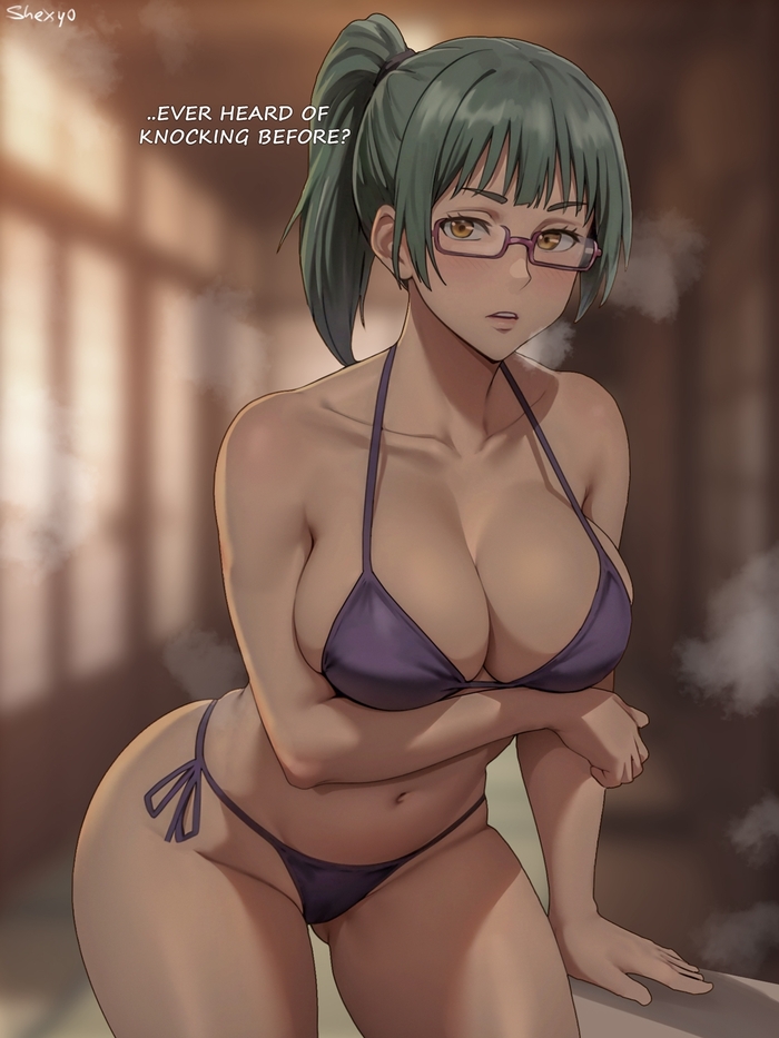 Zenin Maki - NSFW, Anime, Anime art, Art, Jujutsu Kaisen, Maki zenin, Megane, Boobs, Swimsuit, Girl in glasses, Erotic, Hand-drawn erotica