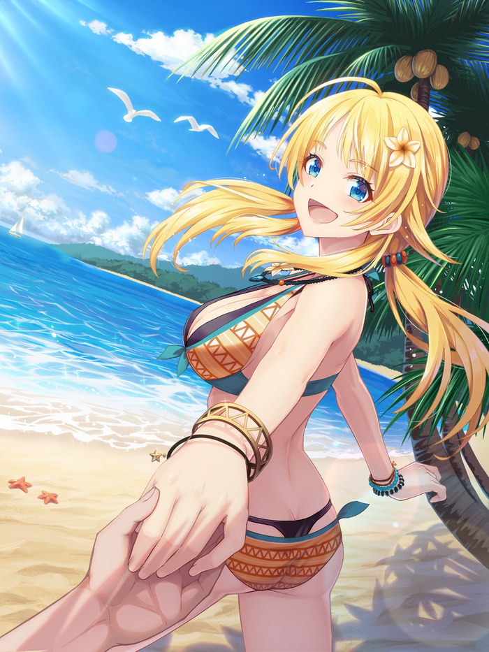 Hachimiya Meguru - NSFW, Anime art, Anime, Hachimiya meguru, The idolmaster, Swimsuit, Beach, Sea