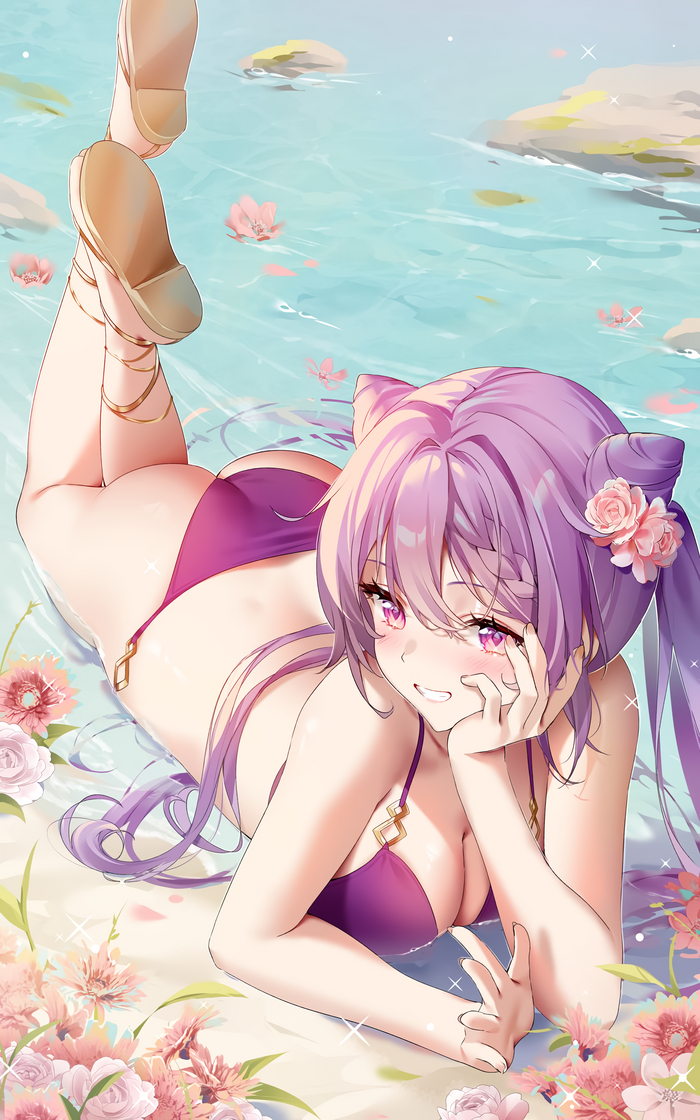 On the beach - NSFW, Genshin impact, Keqing, Art, Girls, Games, Anime, Swimsuit