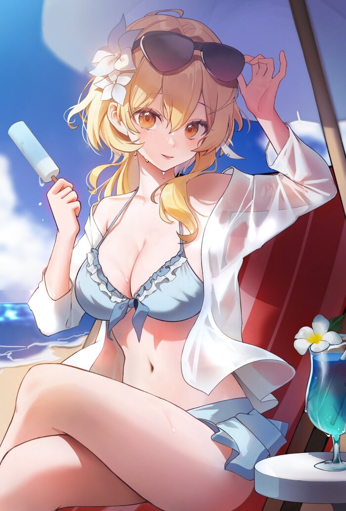 Lumin - NSFW, Anime art, Anime, Lumine, Genshin impact, Swimsuit, Ice cream