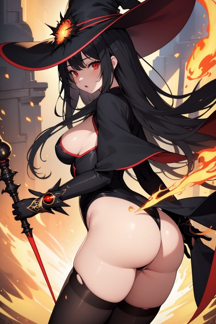 sexy witch - NSFW, My, Erotic, Booty, Cameltoe, Back view, Brunette, Girls, Witches, Anime, Anime art, Nsfwsal (Digital artist), Neural network art, Art, Нейронные сети, Artificial Intelligence, Longpost, Stockings