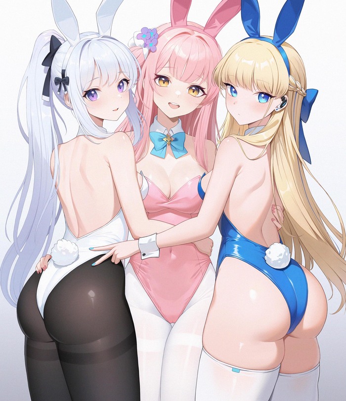 Милые зайки - NSFW, Аниме, Anime Art, Арт, Blue archive, Asuma Toki, Tsukiyuki Miyako, Bunnysuit, Попа, Колготки, Чулки, Рисованная эротика, Эротика